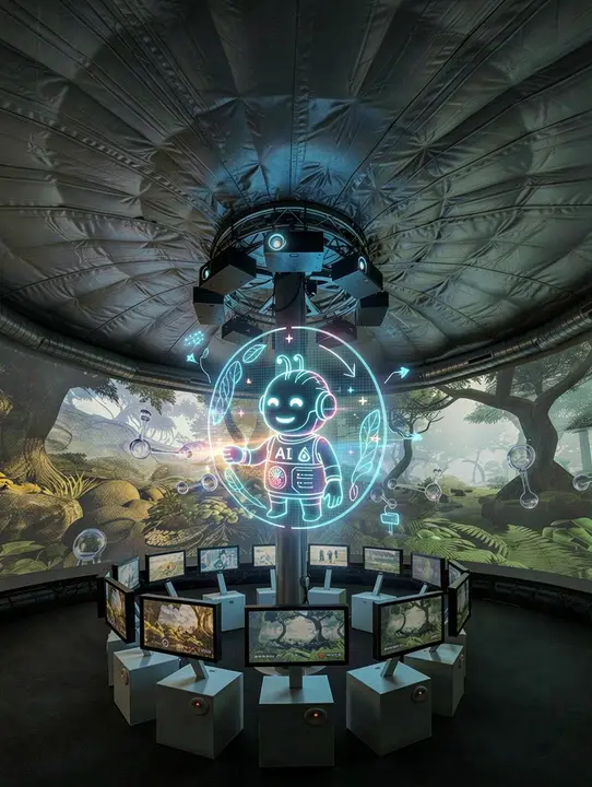 Candidate 8: a retro, organic, quirky AI helper holographic image hovers in the center of the column