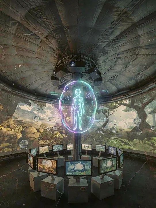 Candidate 4: a retro, organic, genderless AI helper hologram hovers in the center of the column