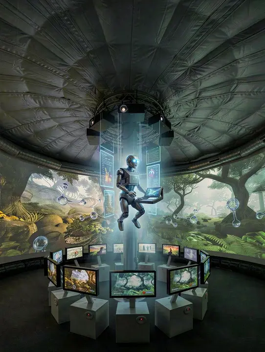 Candidate 1: a surreal AI helper hovers in the center of the column